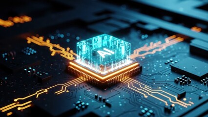Glowing AI processor chip on a futuristic circuit board, symbolizing artificial intelligence, machine learning, and advanced digital technology.