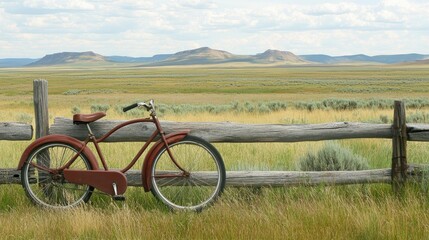 Vintage Bicycle Leaning on Rustic Fence, Vast Landscape, Serene Day.