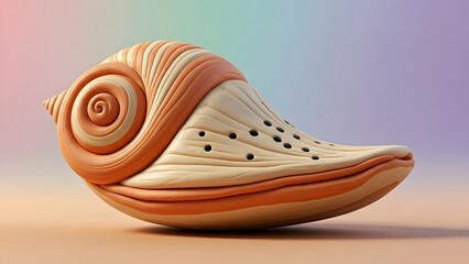 A whimsical abstract sculpture blending a seashell spiral with a modern perforated design