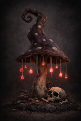 Dark Fantasy Mushroom with Skull Horror Art