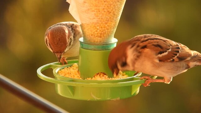 Wild birds - two field sparrows are eating yellow millet from a green feeder and a third sparrow flies up to them and a fight begins in the dawn rays of a sunny winter morning