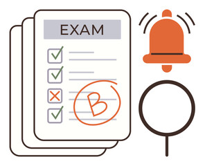 Educational tools, academic performance, evaluation, alert systems, grading accuracy, school tests. A graded exam checklist, bell notification magnifying glass. Academic performance and evaluation