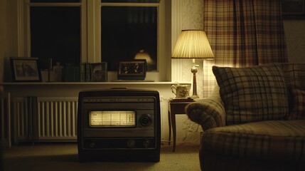 Vintage Radio and Cozy Living Room, Warm Lighting, Nostalgic Ambiance.