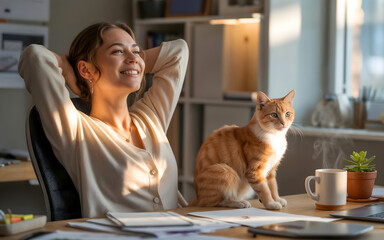 A happy businesswoman is relaxing near table in her home with a cat. Freelancer, Calm workplace, relief stress, relaxing work environment.