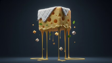 A surreal 3d render of a melting cheese block with floating elements and a blanket