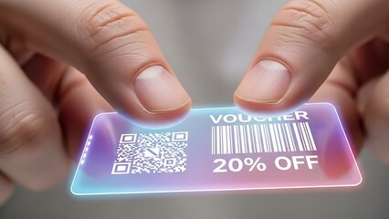 Hands holding digital discount voucher card.