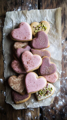 A collection of rustic, heart cookies decorated with pink sugar and crushed pistachios on a sheet of weathered paper. The background is a dark, grainy wood table.