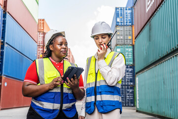 Two diverse female logistics workers in safety vests and hard hats using digital tablet and radio at shipping port terminal. Professional team discussing cargo operations in container yard background