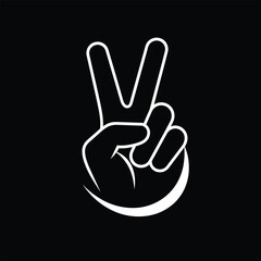 Obraz premium Vector illustration icon a white line drawing of a hand making peace sign on black background