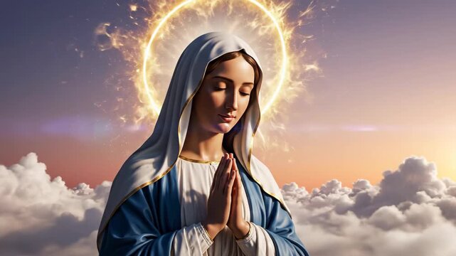 Woman, Virgin Mary, praying amid clouds with glowing halo. Religious devotion, faith, and spiritual worship concept.