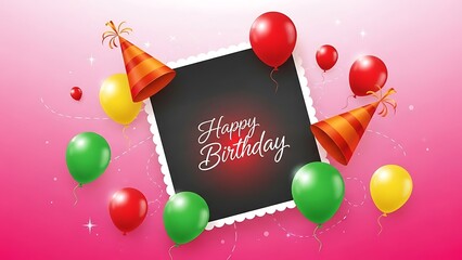 Happy Birthday Greeting Card with Balloons, Party Hats and Festive Celebration Background