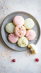 Delicious cookies is a light pastel Valentine hue: soft pink, pale yellow and mint green on a slate grey plate.