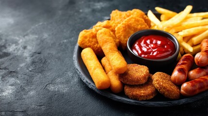 Plate of food with a variety of items including hot dogs, fries, and chicken nuggets