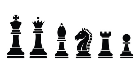 Black and white illustration of chess pieces, king, queen, bishop, knight, rook, pawn, clean vector design for strategy concept artwork. © MdSadikin