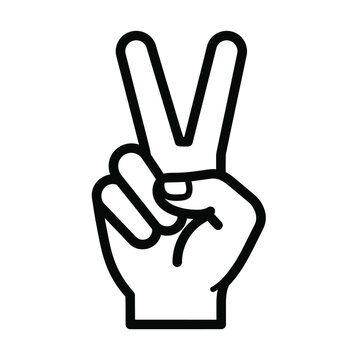 Vector illustration icon a black line drawing of a hand making peace sign isolated on white background with fingers up in v shape gesture