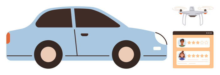 Obraz premium Transportation, automotive technology, quadcopter services, customer reviews, online platforms, innovation. A blue car, a Quadcopter and a user rating screen. Automotive technology
