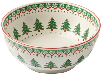 Intricate, festive ceramic serving bowl with a creamy white interior and a richly decorated exterior featuring repeating patterns of evergreen Christmas trees, isolated on transparent background.