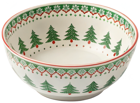Intricate, festive ceramic serving bowl with a creamy white interior and a richly decorated exterior featuring repeating patterns of evergreen Christmas trees, isolated on transparent background. - Powered by Adobe
