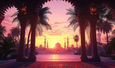 Authentic Arabian Iftar Scene in Oasis with Dramatic Sunset Sky