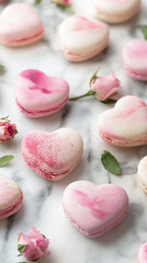 A composition of heart shaped French macarons with rose flower buds on a marble surface.