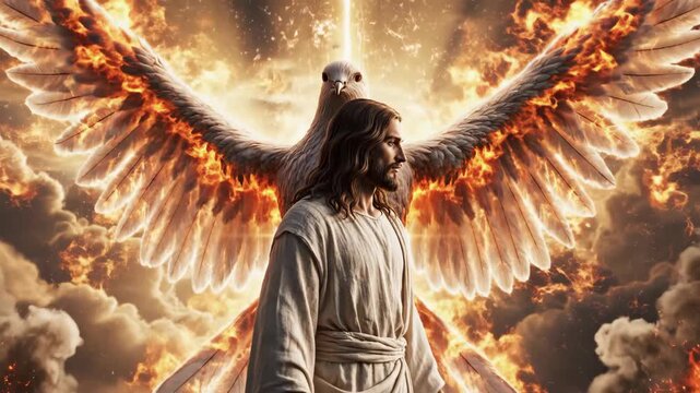 Jesus Christ with a spiritual dove emerging from fiery clouds, a religious vision for divine inspiration and faith.