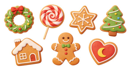 Fototapeta premium [Transparent Background PNG]Christmas Cookies Collection with Wreath, Lollipop, and Gingerbread Man