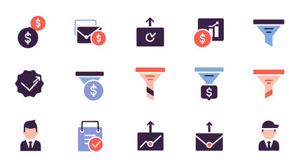 Essential vector icon set illustrating key business concepts like financial growth, marketing funnels, data analytics, and secure communication for digital projects and presentations
