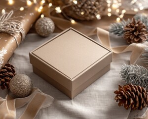 Simple square beige gift box sits ready for wrapping amidst festive holiday decorations including pine cones twinkling fairy lights and glittery ornaments.