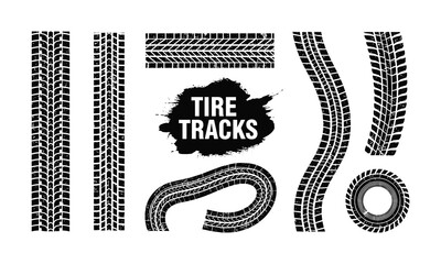 Set of various tire tracks vector imprints with grunge texture for automotive design