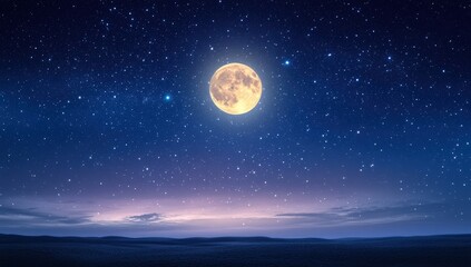 A bright full moon illuminates a starry night sky, creating a serene and captivating celestial scene.