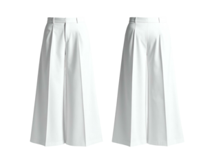 Crisp white wide-leg pleated trousers, front and back view