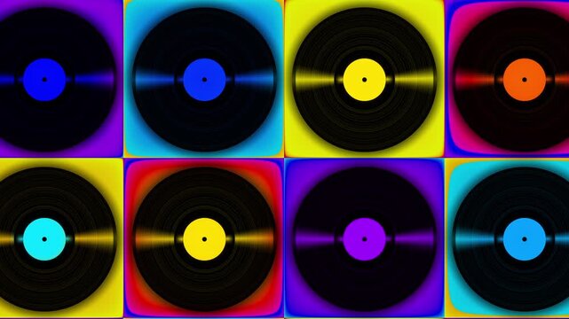 Retro design and old technology. 3D rotating music disc in a vintage synthwave style. Spinning vinyl records on a simple