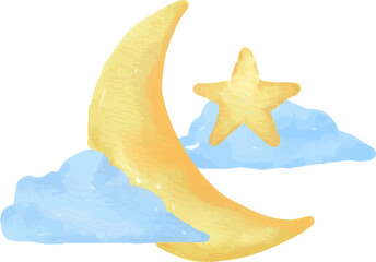 Crescent moon and star painted in gentle watercolor tones. Ideal for Ramadan greeting cards, Islamic posters, and festive layouts. © Prtnsxx