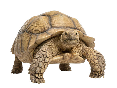 Large sulcata tortoise walking on grey background