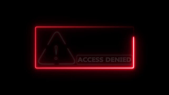 Glowing red neon access denied warning symbol with triangular alert sign. Futuristic cyber security restriction concept representing security breach, or authorization failure on black background.