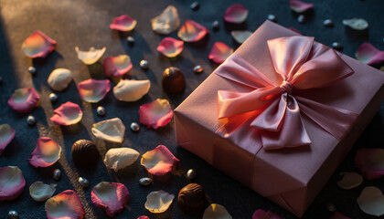 A pink gift box wrapped with satin ribbon, surrounded by scattered rose petals