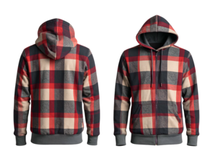 Plaid hooded jacket, front and back view, warm casual wear