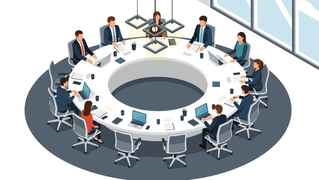 Corporate business meeting in progress with professionals sitting around a large white circular table using laptops.