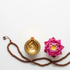 Diya and Lotus on White Background &ndash; Spiritual Objects Flat Lay Stock Photo