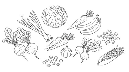 Black and white line art illustration of various vegetables like cabbage, carrots, bananas, garlic, and corn.