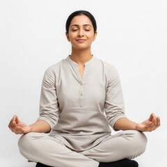 Indian Woman Meditating on White Background &ndash; Yoga Mindfulness Wellness Image