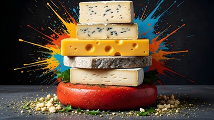 A vibrant stack of diverse cheeses exploding with color on a dark background