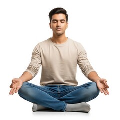 Indian Man Meditating on White Background &ndash; Mindfulness & Wellness Stock Photo