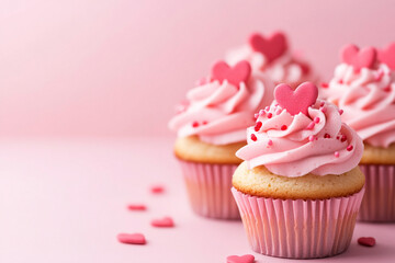 Delicious pink cupcakes decorated for St. Valentine day on a light pink background.