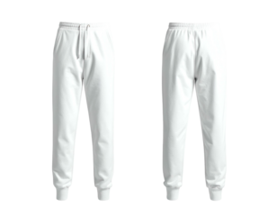 Two views of white athletic sweatpants on black background