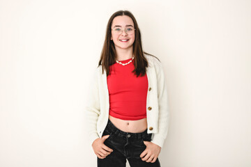 cute and Young pre teen girl on studio white