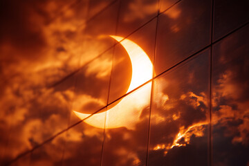 Partial Solar Eclipse Reflected On Tempered PV Glass, 105mm Technical Close-Up, Crescent Sun Across Anti-Reflective Coating, Cell Busbars In Focus