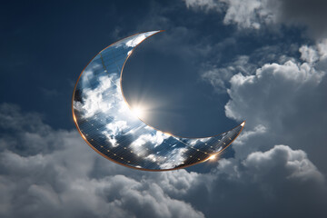 Partial Solar Eclipse Reflected On Tempered PV Glass, 105mm Technical Close-Up, Crescent Sun Across Anti-Reflective Coating, Cell Busbars In Focus