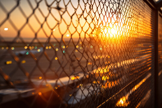 Airport Solar Canopy Field At Golden Hour With Blurred Jet Takeoff Beyond Security Fence, 200mm Compression, Runway Lights Bokeh, Restricted Vantage