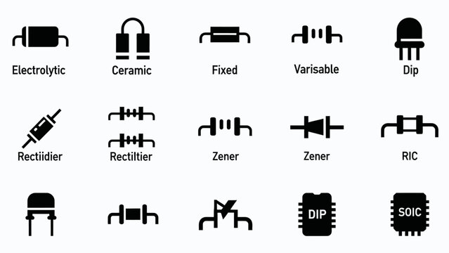 Detailed Set of Electronic Components Icons with Labels, Isolated White Background